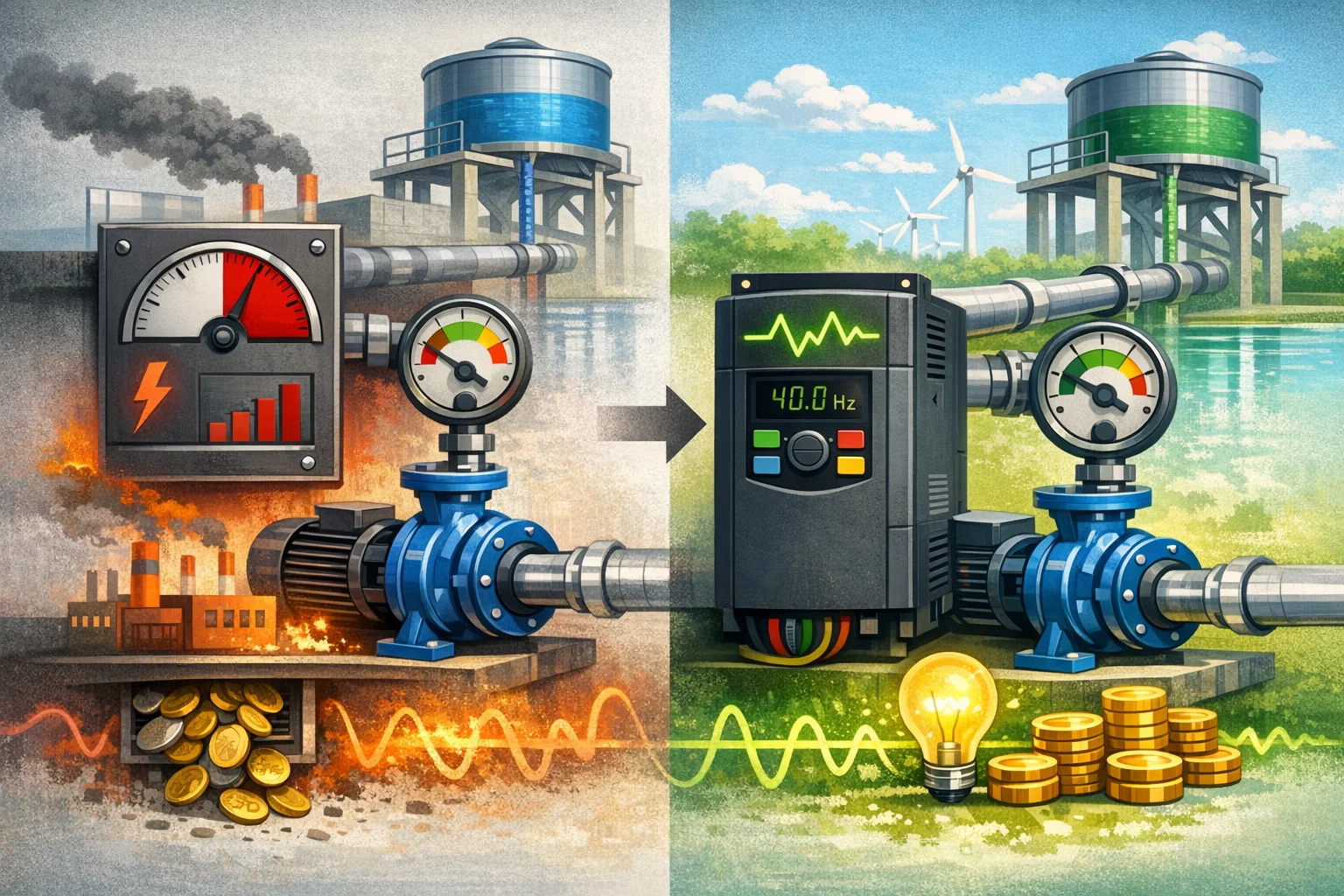 Как частотный преобразователь влияет на эффективность работы насосов<