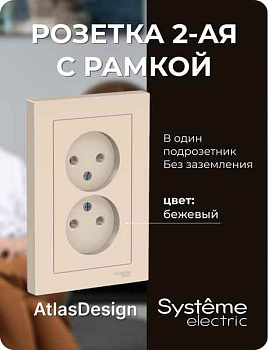 ШЭ Атлас Роз. 2-я с/у без/з,16А, (с/рамкой, беж) ATN000220 (15шт/уп)