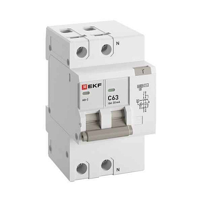 Выключатель автоматический дифференциального тока C 63А 30мА тип AC 6кА АД-2 (электрон.) защита 270В PROxima EKF DA2-6-63-30-pro 
