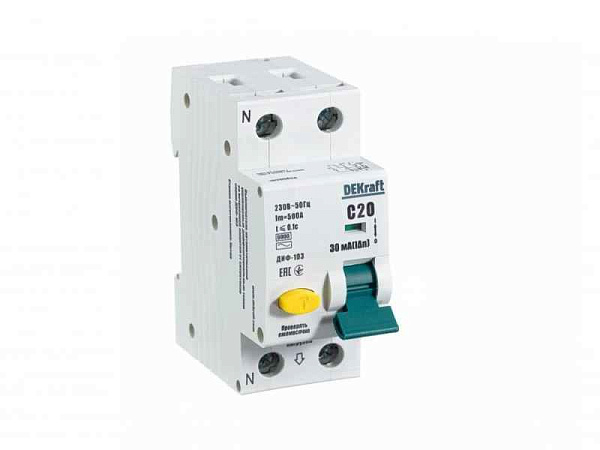 Выключатель автоматический дифференциального тока 2п (1P+N) C 20А 30мА тип AC 6кА ДИФ-103 DEKraft 16205DEK 