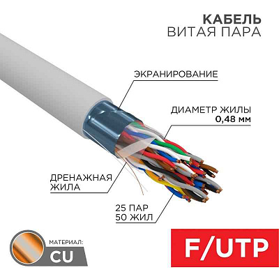 Кабель витая пара F/UTP, CAT 5е, ZH нг(A)-HF (LSZH), 25PR, 24AWG, INDOOR, SOLID, серый, 305м, РФ REXANT | 01-1206-R | REXANT