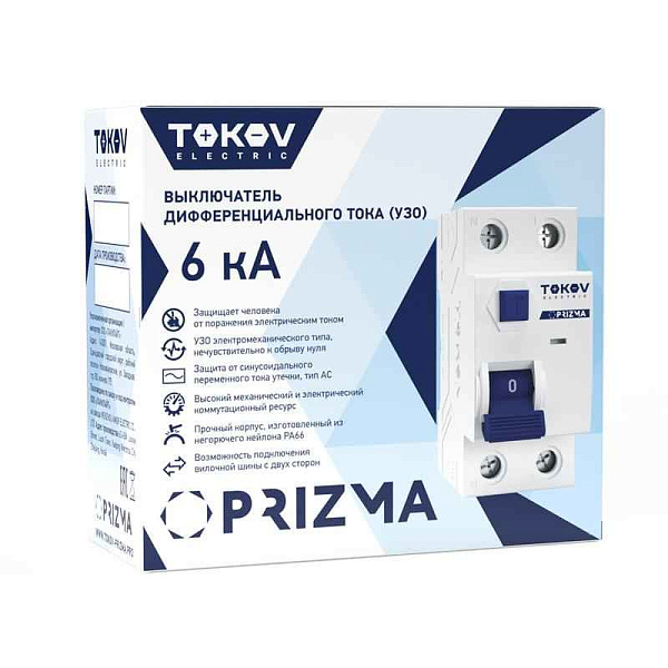 Выключатель дифференциального тока (УЗО) 2п (1P+N) 25А 10мА тип AC 6кА PRIZMA TOKOV ELECTRIC TKE-PZ60-RCDM-2-25-10-AC 