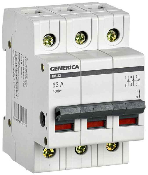 Выключатель нагрузки (мини-рубильник) 3п 63А ВН-32 GENERICA MNV15-3-063 