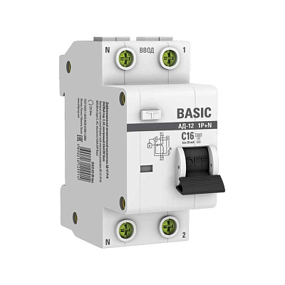 Авт.диф. 2п 16А 30мА  АД-12 1P+N АС 4,5кА EKF Basic 