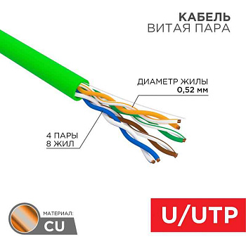 Кабель витая пара U/UTP, CAT 5e, нг(A)-LSLTx, 4х2х0,52мм, 24AWG, INDOOR, SOLID, зеленый, 305м | 01-0061 | REXANT