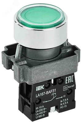 Кнопка LA167-BAF31 d=22мм 1NO зеленая IEK