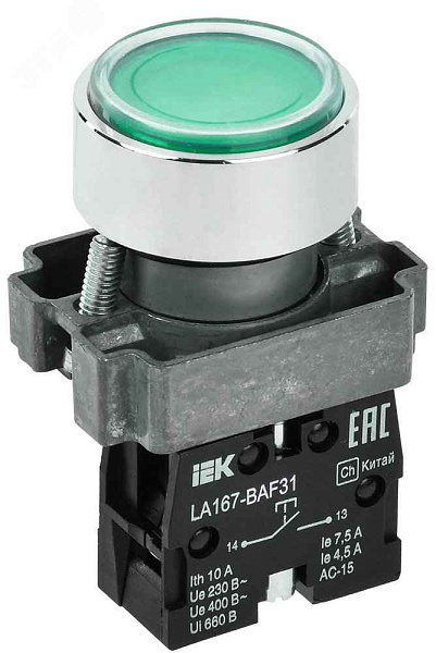 Кнопка LA167-BAF31 d=22мм 1NO зеленая IEK