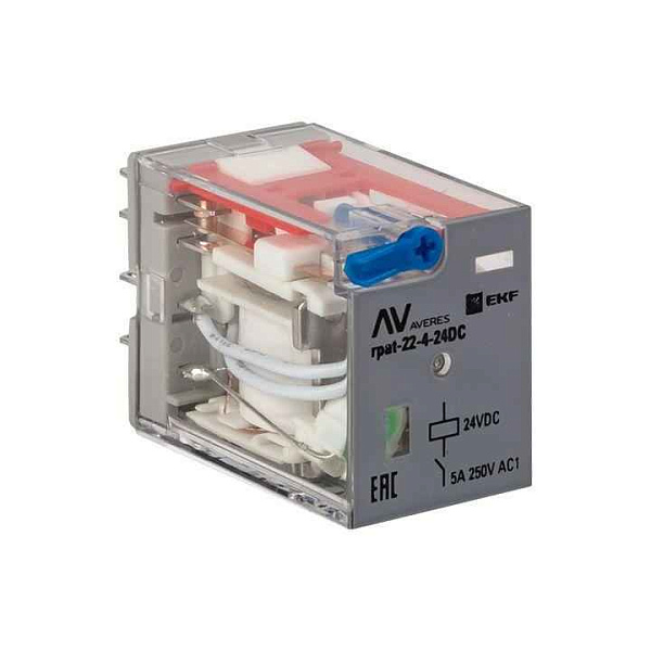 Реле промежуточное RPAt 22/4 5А 24В DC с кнопкой и мех. индикацией AVERES EKF rpat-22-4-24DC 