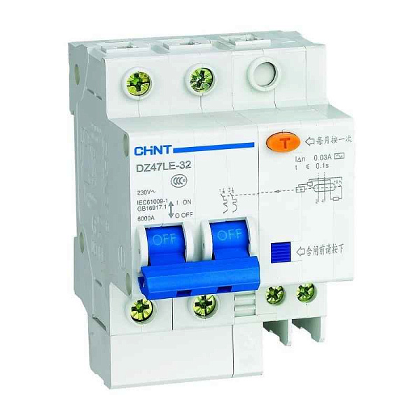 Выключатель автоматический дифференциального тока 2п С 10А 30мА тип AC 6кА DZ47LE-32 CHINT 199629 