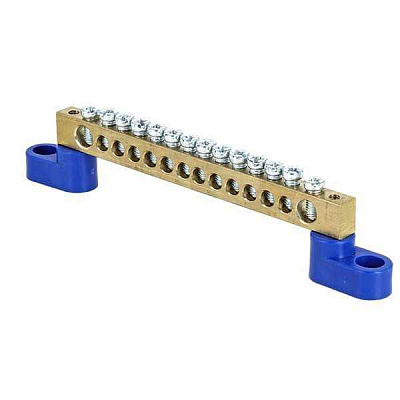 Шина нулевая N 6х9 14 отверстий 2 синих угловых изолятора латунь розн. стикер PROxima EKF sn0-63-14-2-r 