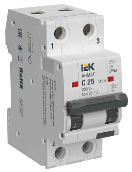 Выключатель автоматический дифференциального тока B10N 2P C25 30мА тип AC ARMAT IEK AR-B10N-2-C025C030