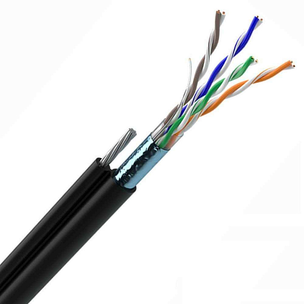 Кабель витая пара F/UTP, CAT 5e, PE, 4PR, 24AWG, OUTDOOR, SOLID, черный, с тросом, 305м PROconnect