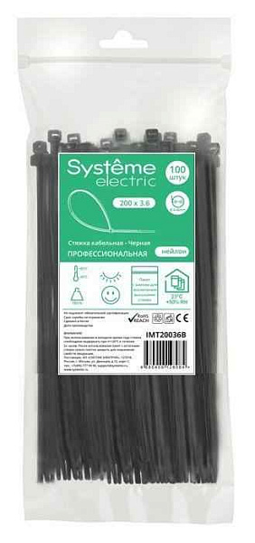 Стяжка кабельная 200х3.6 черн. (уп.100шт) SE IMT20036B 