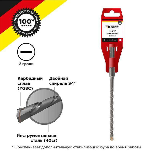 Бур по бетону 6x160мм SDS PLUS Kranz KR-91-0011 