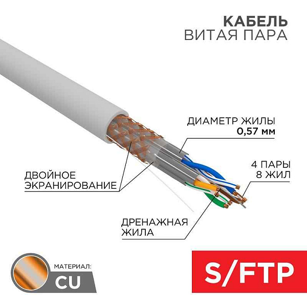 Кабель витая пара, S/FTP, CAT 6A, ZH нг(A)-HF, 4х2х0,575мм, 23AWG, INDOOR, SOLID, серый, 305м REXANT PRO | 02-0325 | REXANT