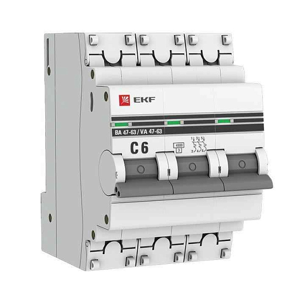 Выключатель автоматический модульный 3п C 6А 4.5кА ВА 47-63 PROxima EKF mcb4763-3-06C-pro 