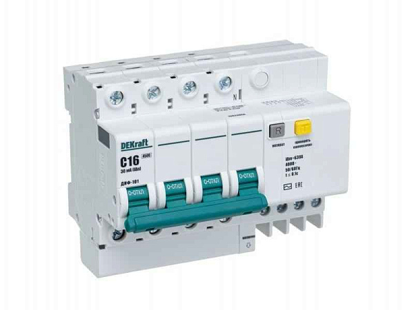 Выключатель автоматический дифференциального тока 4п C 16А 30мА тип AC 4.5кА ДИФ-101 DEKraft 15020DEK 