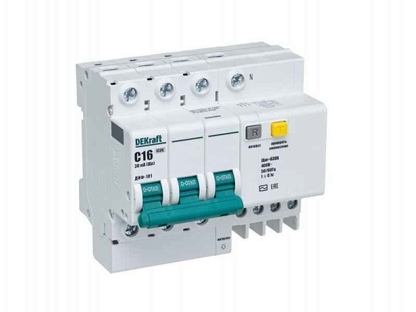 Выключатель автоматический дифференциального тока 4п (3P+N) C 16А 30мА тип AC ДИФ-101 со встроен. защитой от сверхтоков DEKraft 15184DEK 