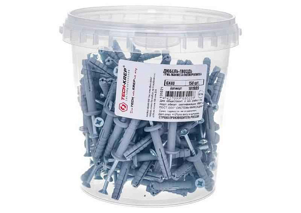 Дюбель-гвоздь 6х40 с грибовидной манжетой полипропилен (уп.150шт) ведро Tech-Krep 101989 