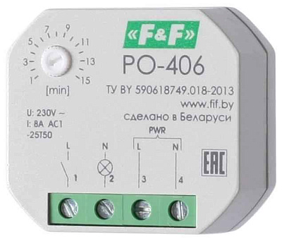 Реле времени PO-406 8А 230В 1НО IP20 задержка выключ./управ. контактом монтаж в коробку d-60мм F&F EA02.001.019 