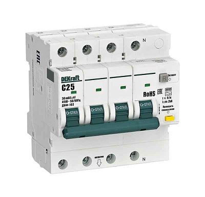 Выключатель автоматический дифференциального тока (АВДТ) 3P+N 25А 30мА A х-ка C ДИФ-103 6кА DEKraft 16430DEK 