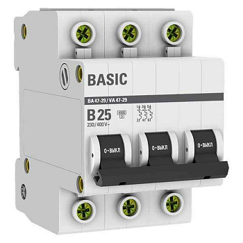 Выключатель автоматический модульный 3п B 25А 4.5кА ВА 47-29 Basic EKF mcb4729-3-25-B EKF