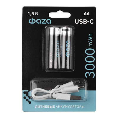 Аккумулятор литиевый AA 1.5В Li-Ion 3000мВт.ч 2000мА.ч зарядка от Type-C шнур в комплекте BL-2 (уп.2шт) ФАZА 5061576 