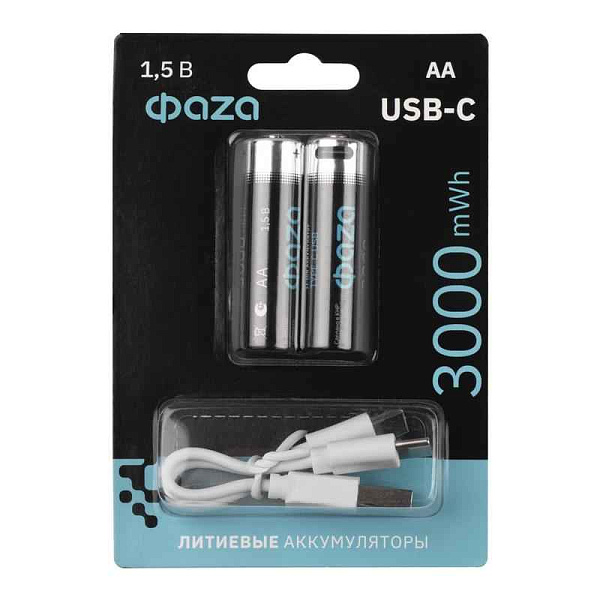 Аккумулятор литиевый AA 1.5В Li-Ion 3000мВт.ч 2000мА.ч зарядка от Type-C шнур в комплекте BL-2 (уп.2шт) ФАZА 5061576 