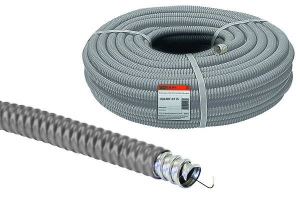 Металлорукав в ПВХ изоляции МПГ нг толстостенный 50 (10 м/уп.) серый с протяжкой ГОФРОМАТИК 