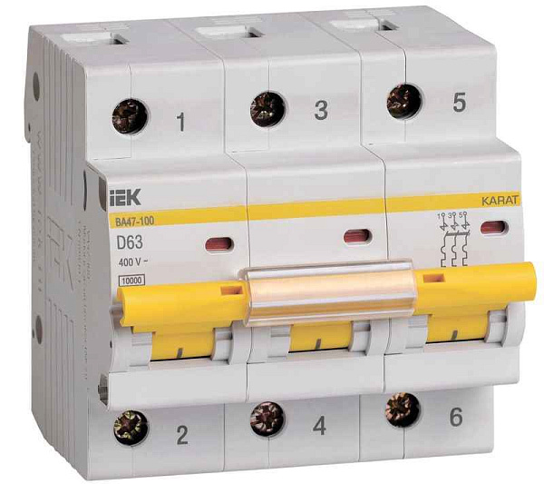 Выключатель автоматический модульный 3п D 63А 10кА ВА47-100 KARAT IEK MVA40-3-063-D 