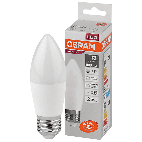 Лампа ЛЕД  E27 10Вт свеча мат.6,5К LVCLB75 10SW/865 230V RU OSRAM