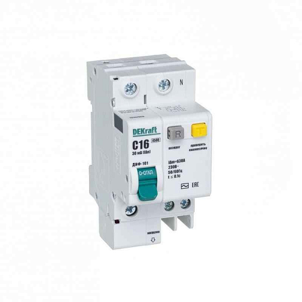 Выключатель автоматический дифференциального тока 2п (1P+N) C 16А 30мА тип AC ДИФ-101 со встроен. защит. от сверхтоков DEKraft 15157DEK 