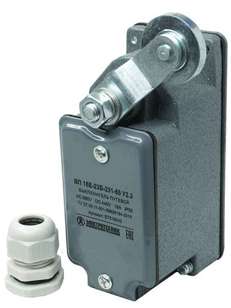 Выключатель путевой ВП 16Е-23Б-231-55 У2.3 1НО+1НЗ IP55 рычаг с роликом с сальником ход вправо самовозврат Электротехник ET518042 