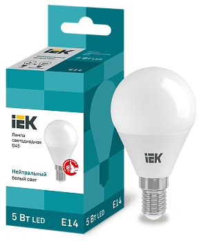 Лампа ЛЕД  E14  5Вт шар мат.4К LED Globe G45 400lm 4000K E14 IEK