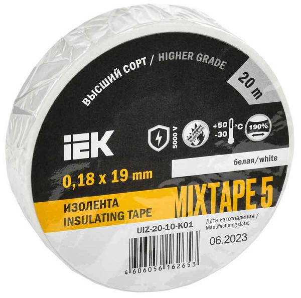 Изолента ПВХ 0.18х19мм бел. (рул.20м) IEK UIZ-20-10-K01 