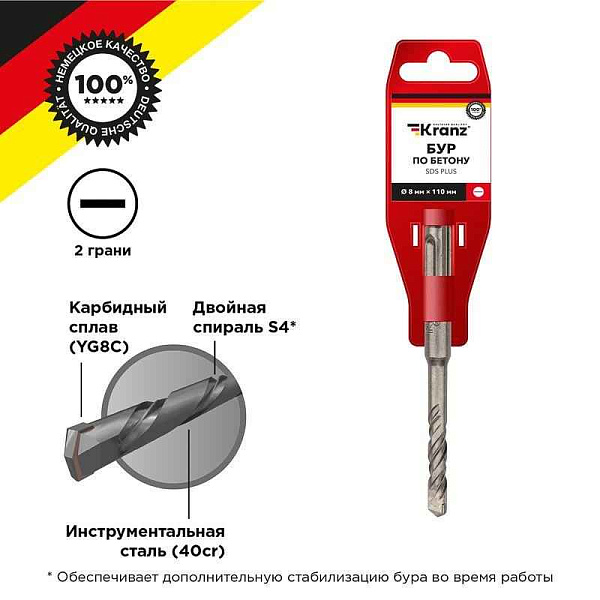 Бур по бетону 8x110мм SDS PLUS Kranz KR-91-0007 