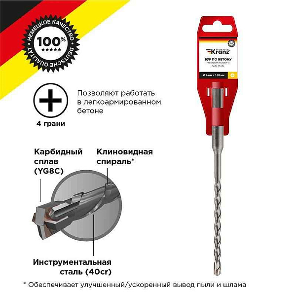 Бур по бетону 6х160мм крестовая пластина SDS PLUS Kranz KR-91-0802 