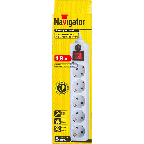 Удлинитель  1,8м  5 роз.  СФ- NSP выкл, с заземл. С.фильтр, ПВС 3x0.75 Navigator 71861
