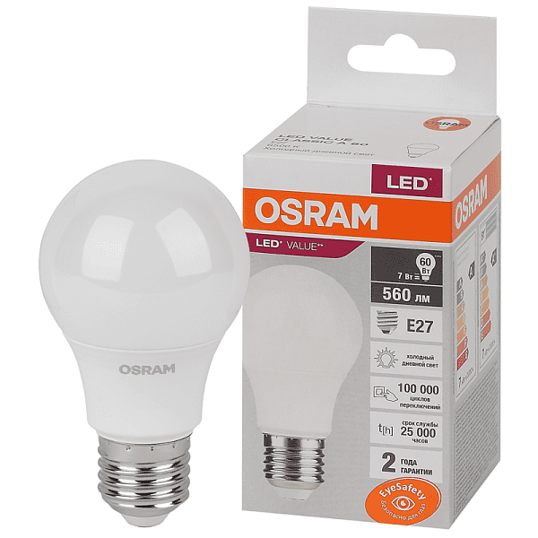 Лампа ЛЕД  E27  7,0Вт 6,5К LVCLA60 7SW/865 230V RU OSRAM