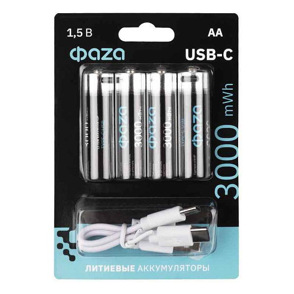 Аккумулятор литиевый AA 1.5В Li-Ion 3000мВт.ч 2000мА.ч зарядка от Type-C шнур в комплекте BL-4 (уп.4шт) ФАZА 5061606 