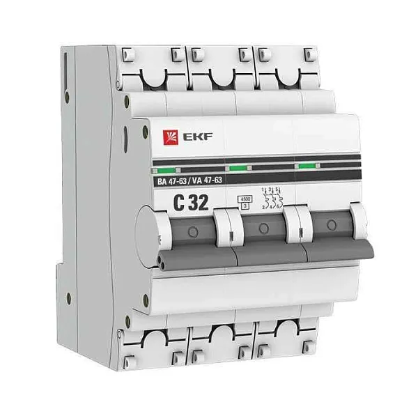 Выключатель автоматический модульный 3п C 32А 4.5кА ВА 47-63 PROxima EKF mcb4763-3-32C-pro 