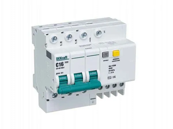 Выключатель автоматический дифференциального тока 4п (3P+N) C 16А 30мА тип AC ДИФ-101 со встроен. защитой от сверхтоков DEKraft 15184DEK 