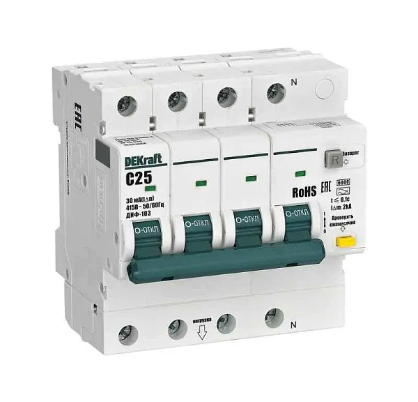 Выключатель автоматический дифференциального тока (АВДТ) 3P+N C 25А 30мА AC ДИФ-103 6кА DEKraft 16403DEK 
