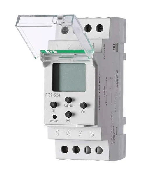 Реле времени астрономическое PCZ-524 24-264В AC/DC 16А 1 переключ. контакт IP20 1 канал F&F EA02.002.004 