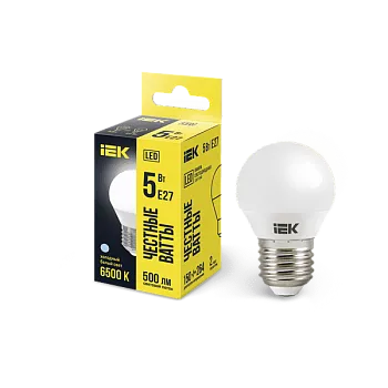 Лампа ЛЕД  E27  5Вт шар.мат.6,5К LED Globe G45 400lm 6500k E27 IEK