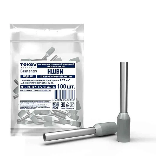 Наконечник штыревой втулочный изолированный НШВИ 0.75-12 TOKOV ELECTRIC TKE-NSVI-0.75-12-C06/100 