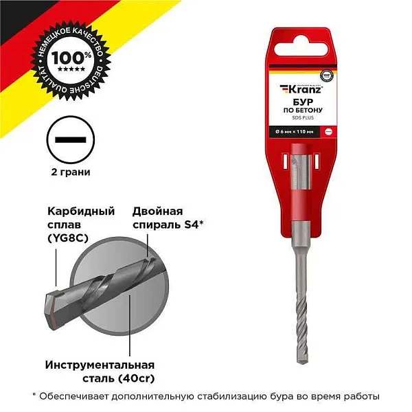 Бур по бетону 6x110мм SDS PLUS Kranz KR-91-0006 