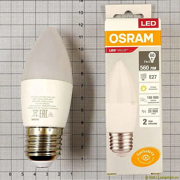 Лампа ЛЕД  E27  7,0Вт свеча мат.3К LVCLB60 7SW/830 230V RU OSRAM