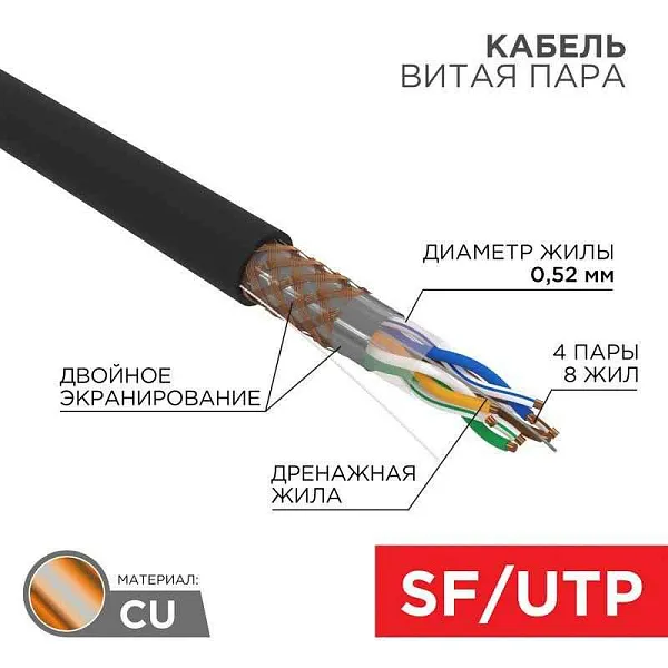 Кабель витая пара SF/UTP кат.5e 4х2х0.51 24AWG solid PE OUTDOOR медь наружн. прокл. черн. (м) Rexant 01-0344