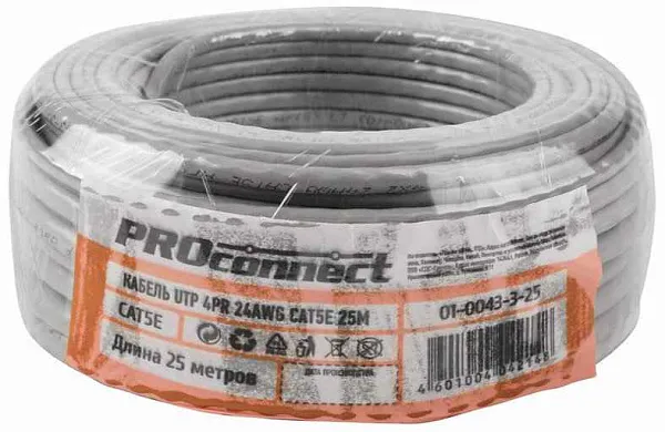 Кабель витая пара омедненный, U/UTP, CCA, CAT 5e, PVC, 4PR, 24AWG, INDOOR, SOLID, серый, 25м PROconnect